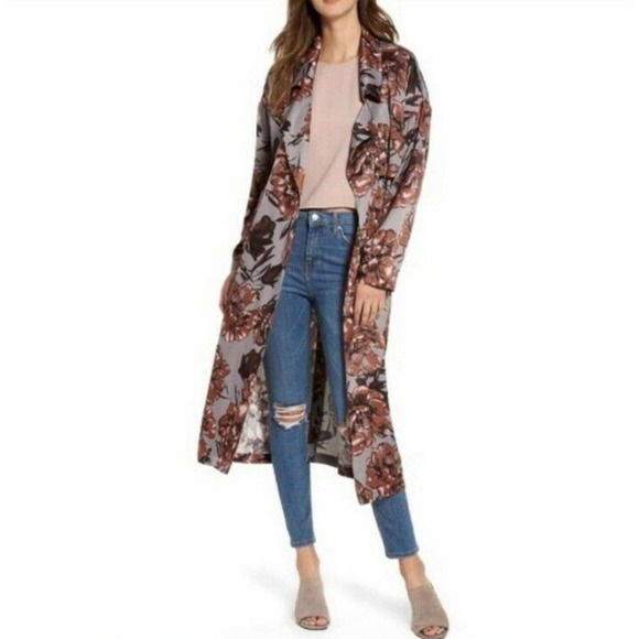 Leith Jackets & Blazers - Leith Floral Duster Trench Cardigan Long Grey